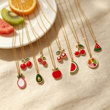 YUZENG Summer Fresh Fruit Necklace Collection, Hypoallergenic Stainless Steel, Cherry/Watermelon/Dragon Fruit Pendants, Versatile Daily Jewelry - Gold - View 1