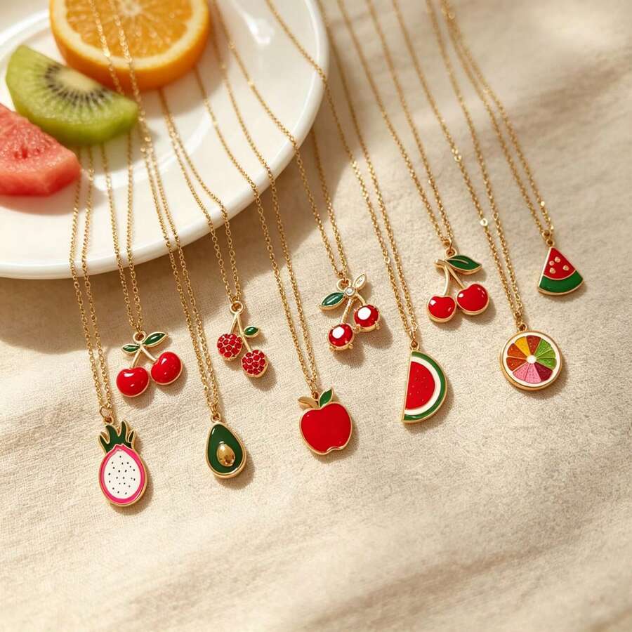 YUZENG Summer Fresh Fruit Necklace Collection, Hypoallergenic Stainless Steel, Cherry/Watermelon/Dragon Fruit Pendants, Versatile Daily Jewelry - Gold - View 1