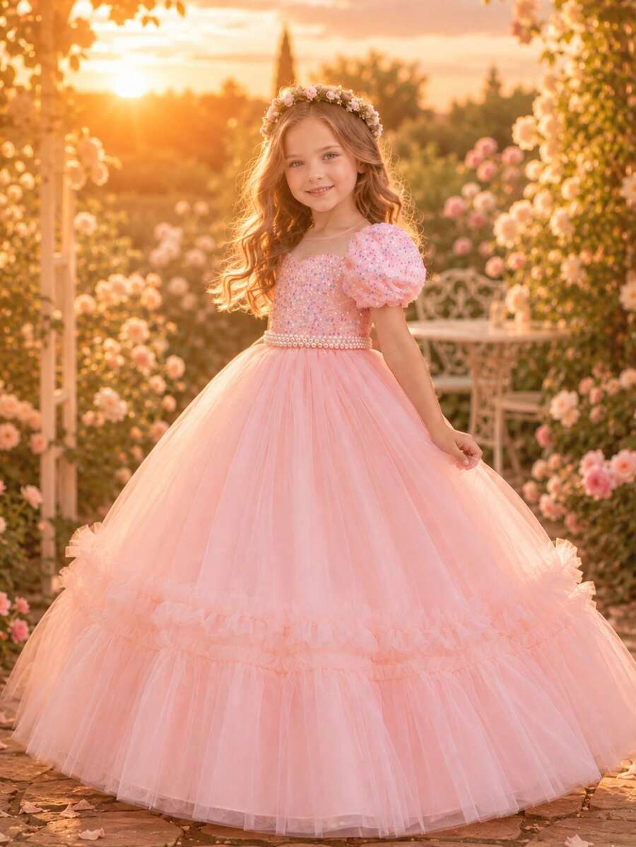 Beaded Sequin Puffy Princess Party Dress, Suitable For Young Girls, Birthday, Wedding, Formal Occasions