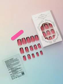 24pcs Medium Square Wearable Nails, Grey Purple Black V-Shape French Tip Fake Nails, Hand-Painted Pink Butterfly Floral Rhinestone Crystal Glossy Matte Mixed Reusable Artificial Nails, Sweet Gothic Style Manicure, Suitable For Women's Daily, Date, Party, Holiday - Multicolor - View 9