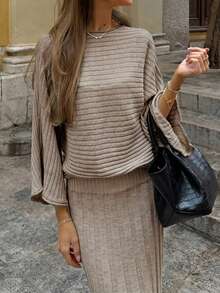 Women's Knitted Long Sleeve Batwing Sleeve Crew Neck Regular Fit Top, Suitable For Autumn/Winter Wear, Medium Stretch Comfortable Ribbed Knit Design - Khaki - View 1