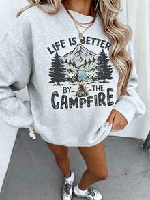 2026 New Arrival Bestseller  Women's "Life Is Better By The Campfire" Graphic Sweatshirt, Casual Loose Pullover, Women's Graphic Tops Clothes. - 淺灰色3 - 查看 2