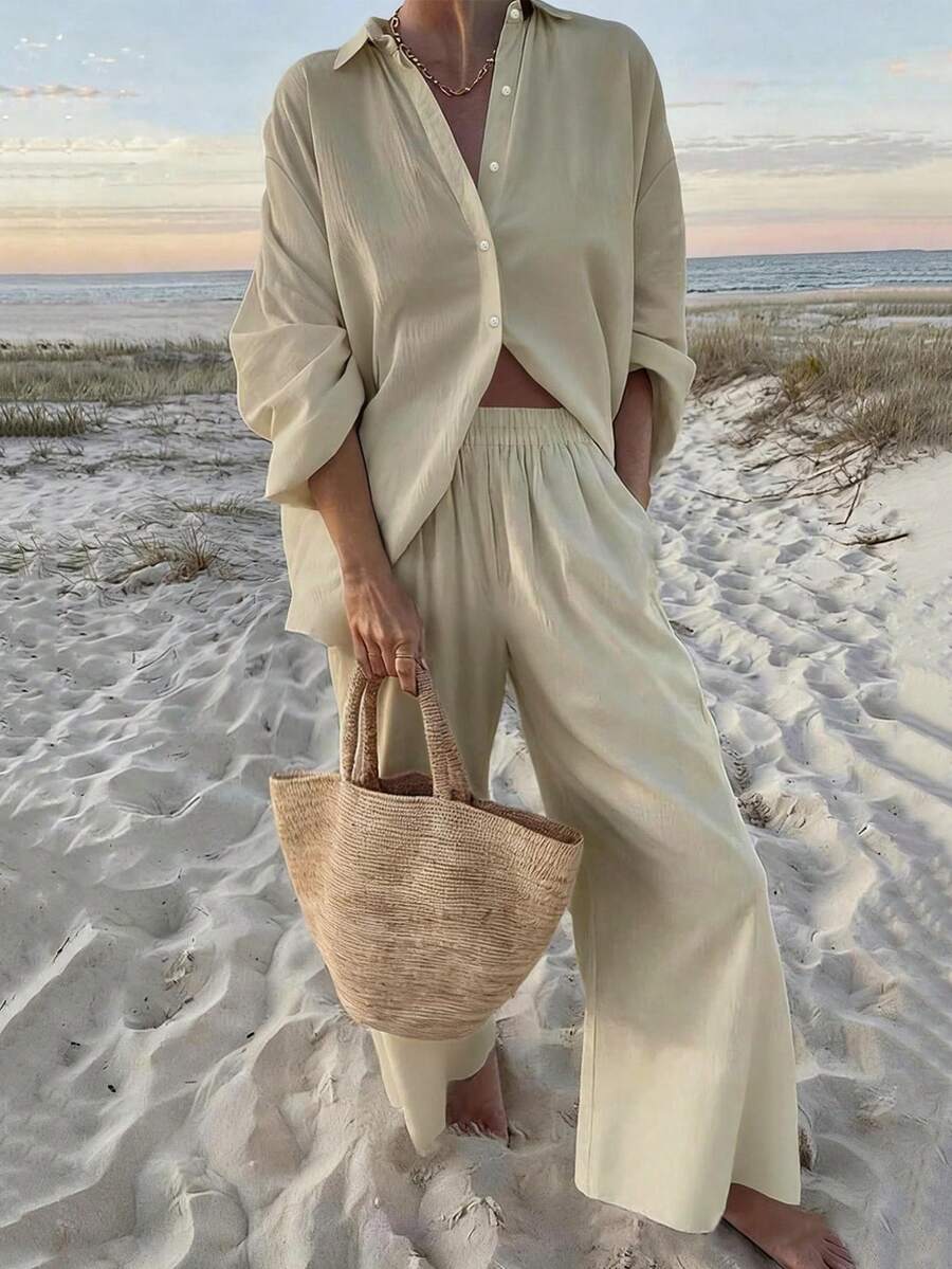 MOOSGOP Women's New Spring/Summer Fashion Versatile Casual Minimalist Home Multifunctional Beach Vacation Casual Style Lapel Button Shirt Elegant - Beige - View 1