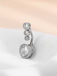 1pc Women's Zirconia Crystal Belly Button Ring, Navel Piercing Jewelry, Surgical Steel Barbell Heart/Round Shape - Silver - View 3