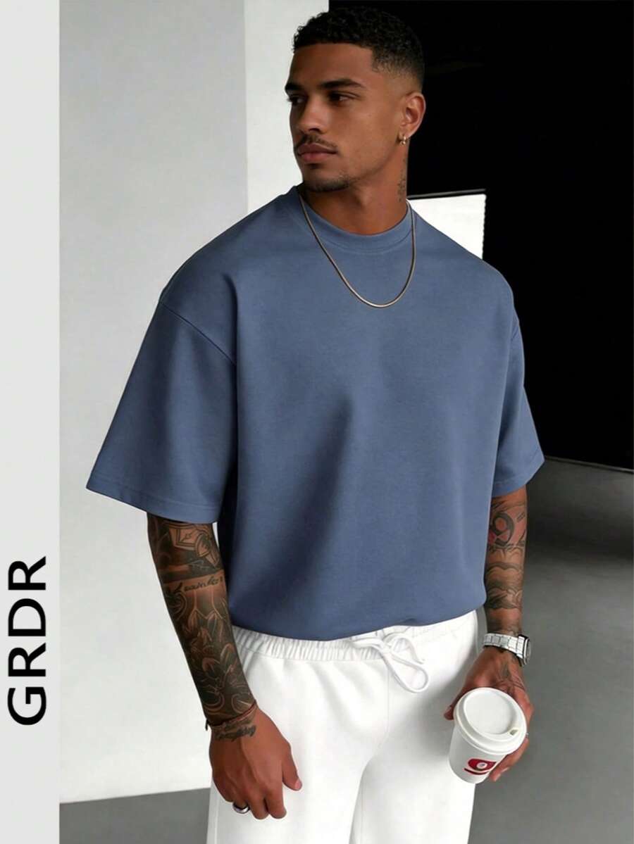 GRDR Men's Casual Round Neck Short Sleeve T-Shirt, Comfortable & Fashionable - Dusty Blue - View 1