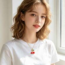 YUZENG Summer Fresh Fruit Necklace Collection, Hypoallergenic Stainless Steel, Cherry/Watermelon/Dragon Fruit Pendants, Versatile Daily Jewelry - Gold - View 7