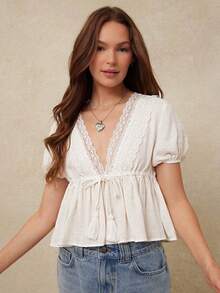 Top de verano bohemio estilo country-western con cuello en V profundo, lazo, flecos frontales, mangas cortas abombadas y volantes, confeccio - Albaricoque - Ver 6