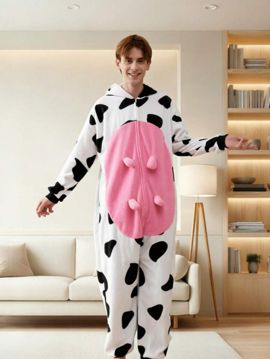 Unisex Cow Animal One-Piece Pajamas Hooded Cartoon Jumpsuit Fall Winter Christmas Animal Cosplay One Piece Pajamas - Black and White - View 1