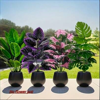 Juego de 4 piezas/Set de plantas artificiales de alta calidad con 12 hojas de palma y monstera grandes, perfecto para regalo de vacaciones, regalo del Día de la Madre, decoración de boda y compromiso. Adecuado para exhibición interior y exterior todo el año. Sin mantenimiento requerido, sin macetas incluidas
