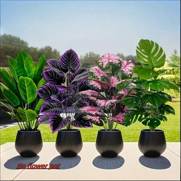 4pcs/Set 12-Leaf High Quality Large Artificial Palm And Monstera Plant Set, Perfect For Holiday Gift, Mother's Day Gift, Wedding And Engagement Decoration. Suitable For Indoor And Outdoor Display All Year Round. No Maintenance Required, No Pots Included