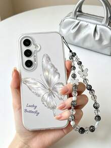 1PC Luxury Colorful Silver Butterfly Phone Case With Beaded Lanyard, Premium Anti-Drop Protective Shell, Anti-Drop IMD Colorful Silver Phone Case, Soft Edges, Compatible With Apple Phone Case 17promax/17pro/17plus/17/16promax/16pro/16plus/16/11/11pro/11promax/12/12pro/12promax/13/13pro/13promax/14/14plus/14pro/14promax/15/15plus/15pro/15promax, Galaxy S21/22/23/24/25 Ultra/A14/A15/A16/A36/A52/A53/A54/A55/A56, Unisex - Multicolor - View 3