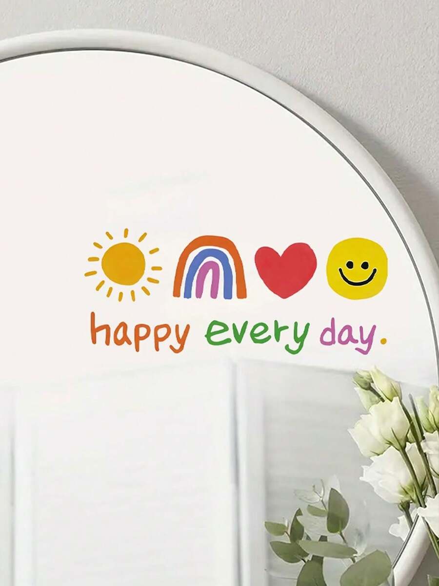 1件/套 Happy Every Day 鏡子貼紙-太陽彩虹愛心笑臉乙烯基裝飾,適用於臥室、客廳、梳妝鏡牆面藝術 - 多色 - 查看 1