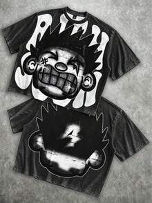 Manfinity Roghcode Men's Oversized Distressed Funny Diamond Teeth Tattoo Big Face Allover Print Cropped Loose T-Shirt (High Quality) - Washed Black 1 - View 18