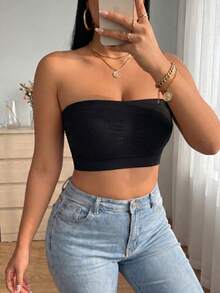 Plus Size Solid Color Seamless Ribbed Tube Top, No Lining No Padding, Casual Daily Home Wear, Versatile Layering Top, Black - Black - View 4