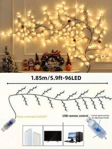 仿真樹枝 LED 串燈，USB 供電 8 種模式，4.76/5.9/7.55 英尺仙女燈，可彎曲仿真樹枝藤蔓燈，臥室牆面裝飾，聖誕室內派對家居裝飾 - 彩色 - 查看 9