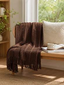 1pc Solid Color Knitted Blanket, Nordic Style Tassel Design Soft Blanket, Office Nap Blanket, Bed Cover, Sofa Throw, Suitable For Daily Use - Twisted Towel Coffee - View 4