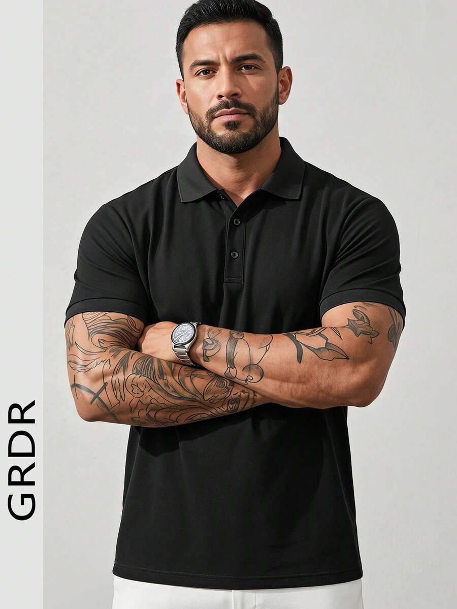 GRDR Men's Solid Color Polo Shirt, Casual Versatile Commuting Short Sleeve