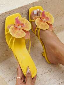 Women's Popular Summer Fashion Elegant Solid Color Multi-Strap Butterfly Orchid Flower Decor Slip-On Square Toe Thong Kitten Heel Yellow Sandals - Yellow - View 6