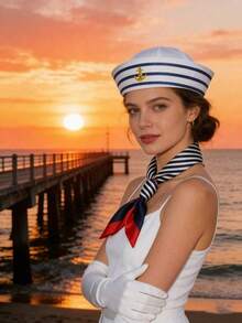 Role Play Navy Hat Shoulder Epaulettes Scarf Set - White and Blue - View 2