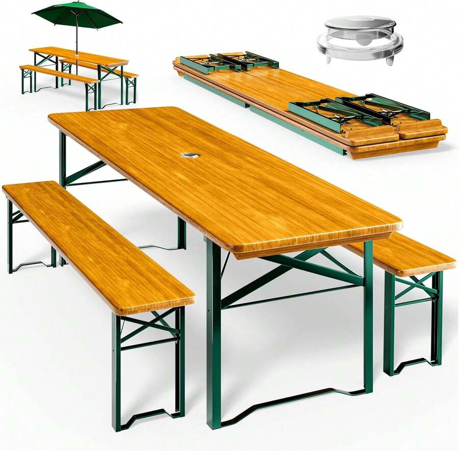 Casrweraria Bierzeltsatz 170 cm faltbar stabil 3 Teile 2 X Bierbank 1 X breiter Tisch Holzbiertischsatz Festzeltset Biergarten Bier-Set - Senfgelb - Übersicht 1