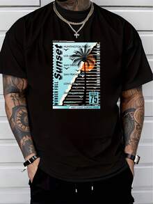 Herren Kurzarm T-Shirt aus reiner Baumwolle mit Vintage Palmenbaum Sonnenuntergang Grafikdruck Lässig Strand Shirt - Schwarz - Übersicht 1