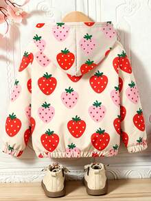 Young Girl Strawberry Print Warm Hooded Jacket - White - View 2