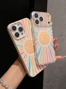 1pc Minimalist 2 Pieces Set Full-Screen Rainbow Stripe Sun Pattern Phone Case, TPU Silicone Anti-Drop Soft Shell Protective Cover Compatible With Samsung A23/A24/A25/A32/33/S25, Apple 11/12/13/14/14 Plus/15/15 Plus/16/16 Plus/7/8 Plus/17/17 Pro And More Models - Multicolor - View 3