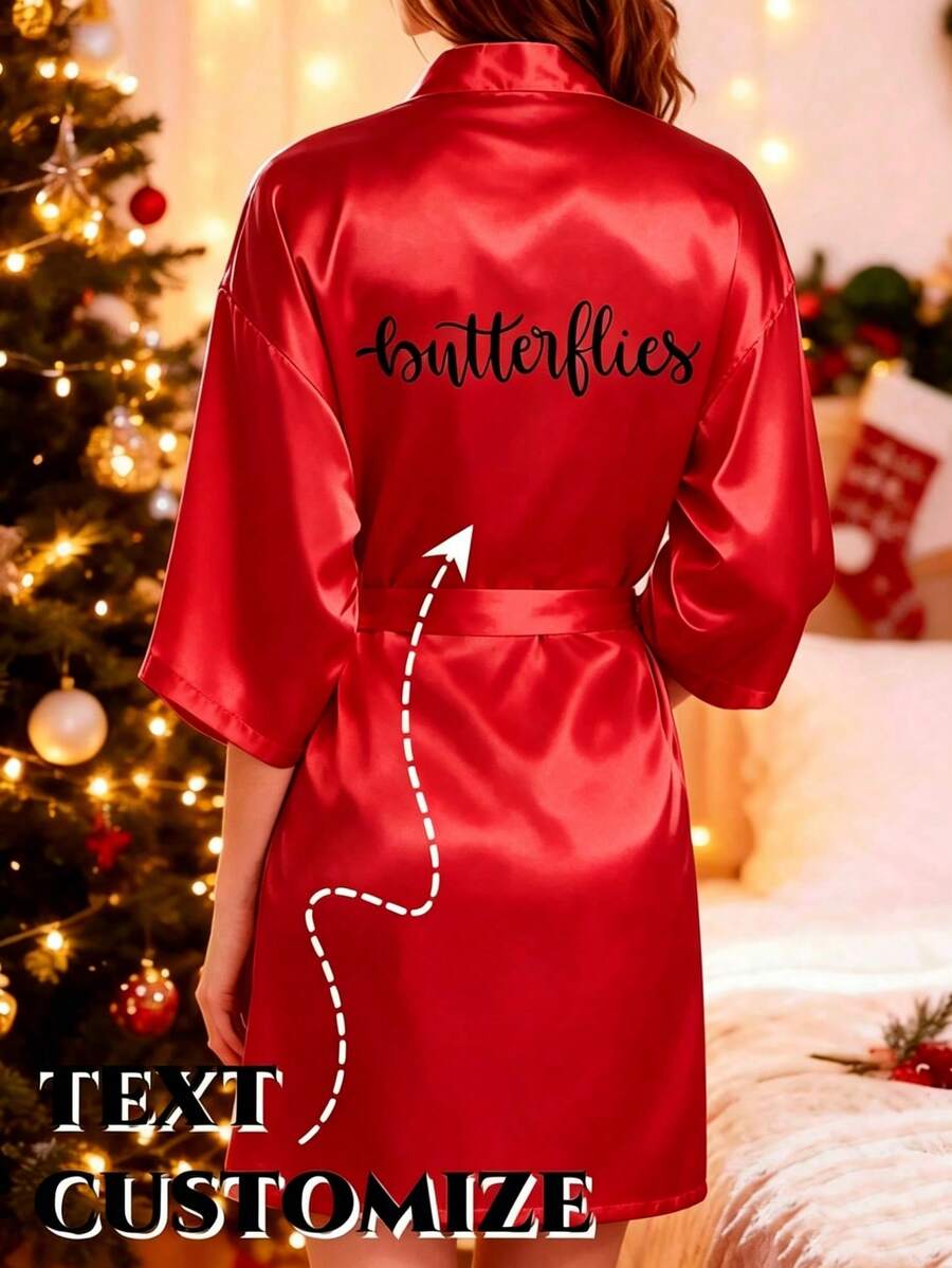 Customized Text Women's Pink Satin Robe, Personalized Bridal Robe, Wedding Bridesmaid Valentine's Day Gift