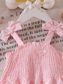 2pcs/Set Young Girl' Sweet Cute 3D Butterfly Suspender Top And Denim Skirt Outfit, Summer - Pink - View 3
