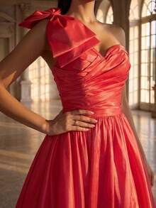 Sleeveless Women's Formal Evening Gown With Asymmetric Neckline, Ruched Bodice And Flared Skirt, Bold Thigh-High Slit, Red Wedding Party - Hot Pink - View 4