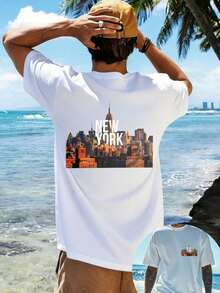 -Men's Casual New York City Skyline Print T-Shirt, Ideal For The Beach In Summer, A Great Gift For Travel Lovers.,Summer - 白色 - 查看 1