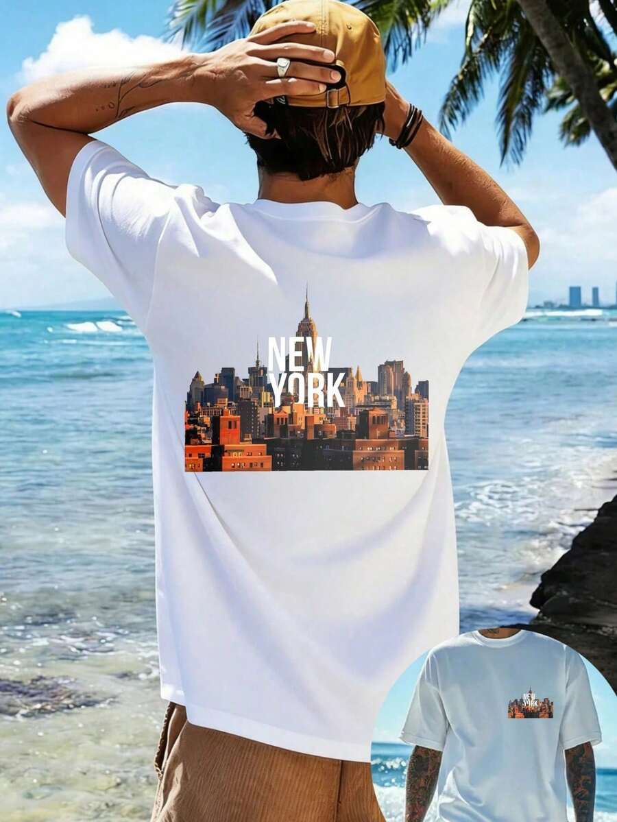 -Men's Casual New York City Skyline Print T-Shirt, Ideal For The Beach In Summer, A Great Gift For Travel Lovers.,Summer - 白色 - 查看 1