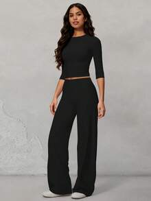 Yefecy 2Pcs Women's Basic Matching Set, Crew Neck Mid Sleeve Top & High Waist Letter Print Wide Leg Pants, Slim Elastic Outfit For Commute, Yoga Sports - Black - View 6
