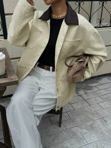 Vintage Colorblock Lapel Off-White Utility Jacket Women Loose Fit Multi-Pocket Casual Shirt Jacket - Apricot - View 4