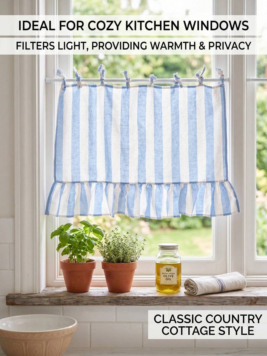 1/2pcs Rod Pocket Decorative Cabinet Curtain, Brown Striped Ruffled Short Curtain For Bathroom, Kitchen Sink, Home, Classroom, Farmhouse, Country Style, Under Table Privacy Curtain, Laundry Room - Blue - View 1