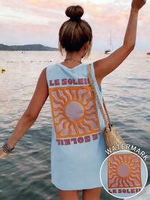 Vestido casual de moda Y2K bohemio para mujer con cuello redondo, estampado de letras en inglés y sol, elegante para la vuelta al colegio y brunch de primavera/verano - Azul - Ver 2