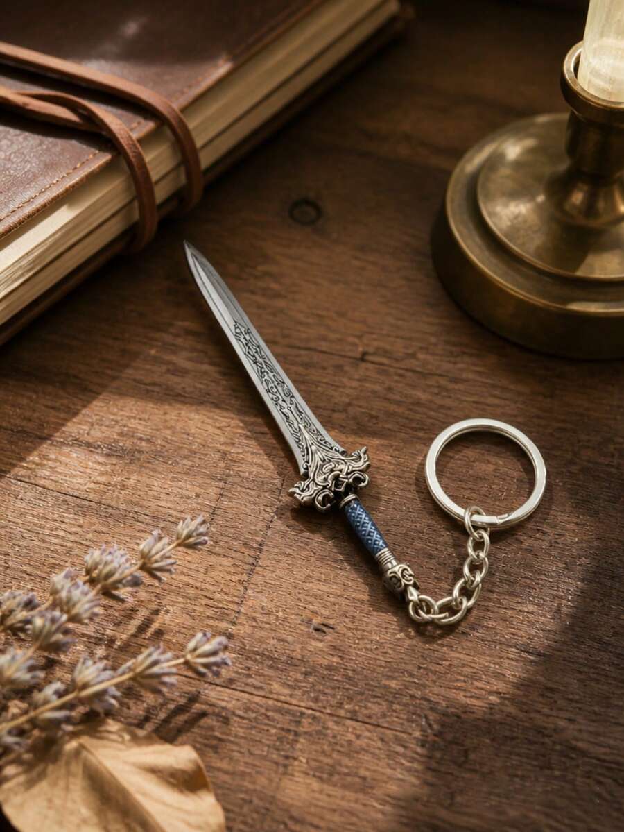 1pc King Llane Sword Keychain, Vintage Metal Carved Keyring, Gamer & Holiday Gift - As Shown In the Picture - View 1