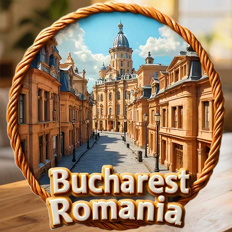Bucharest Romania Roped Frame Of Golden Buildings And Central Dome Magnet Where The Little Paris Sings In Amber Stone Keepsake For All Metal Surfaces Throughout The Home - A - View 1