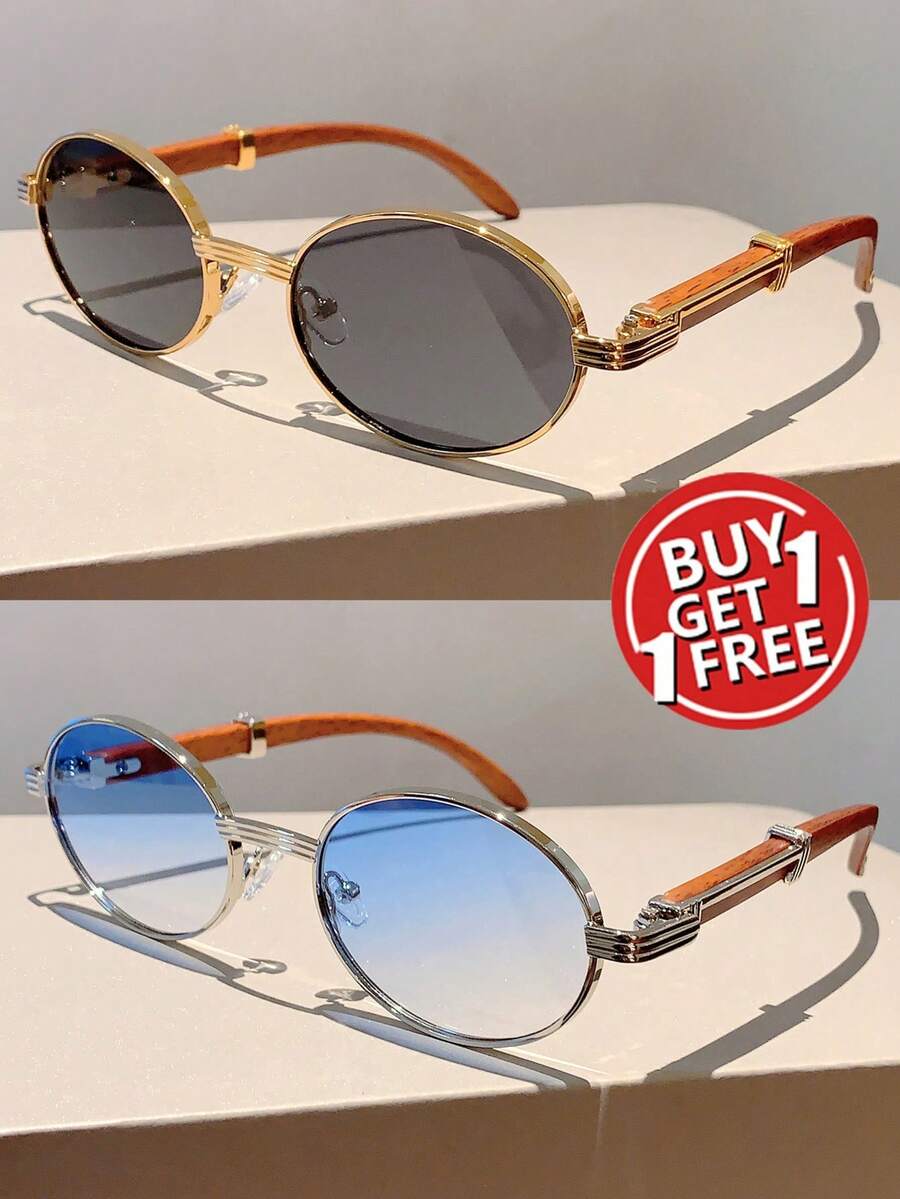 New Vintage Oval Frame Fashion Glasses Design With Faux Wood Grain Temples - c2c3 金框灰片+銀框漸藍片 - 查看 1