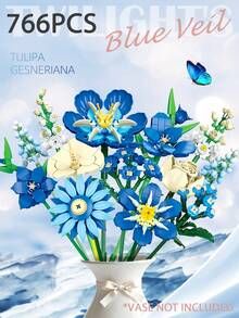 Blue Veil Building Block Flower Bouquet For Teens Adults Ages 14+, Complete Eternal Floral Ornament Ready For Display, Home Desk Decor Romantic Birthday Valentine Gift For Women Girlfriend - Multicolor - View 3