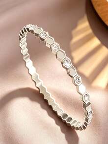 1pc Niche Design Luxury Honeycomb Bracelet For Women, Copper Silver-Plated Cubic Zirconia Inlaid Hexagonal Wave Bangle, Versatile Commuter Style Accessory For Women, Suitable For Daily Wear, Commuting, Dating, Birthday, Mother's Day Gift - Silver - View 13
