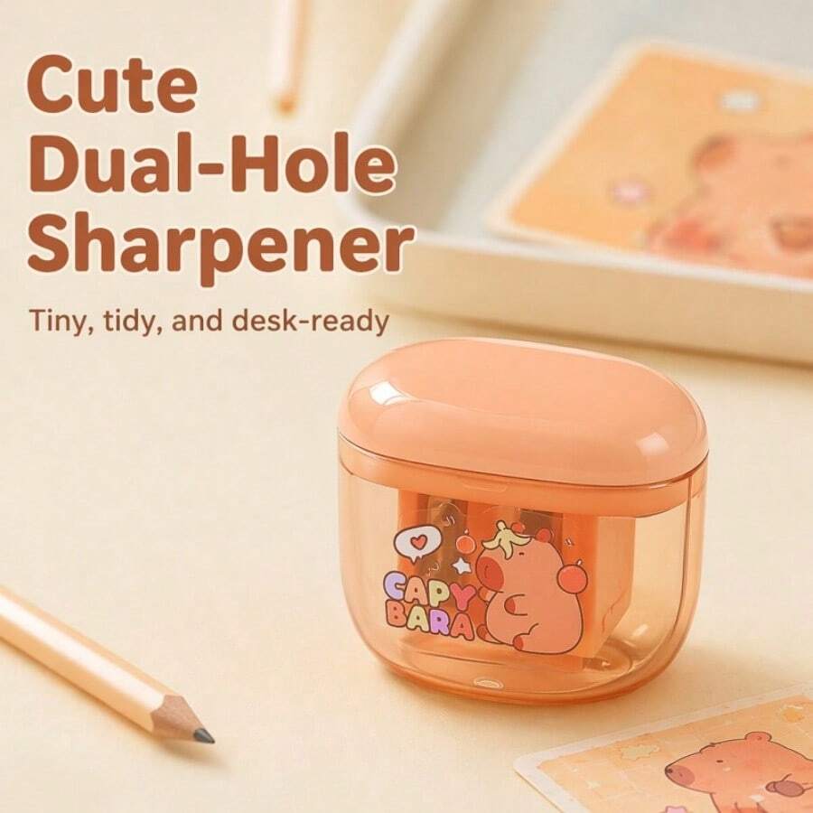 1pc Random Cute Capybara Dual-Hole Pencil Sharpener, Portable 8mm/12mm Sharpener With Transparent Debris Box, Compact Desktop Stationery Tool For School Office Pencil Case - Multicolor - View 1