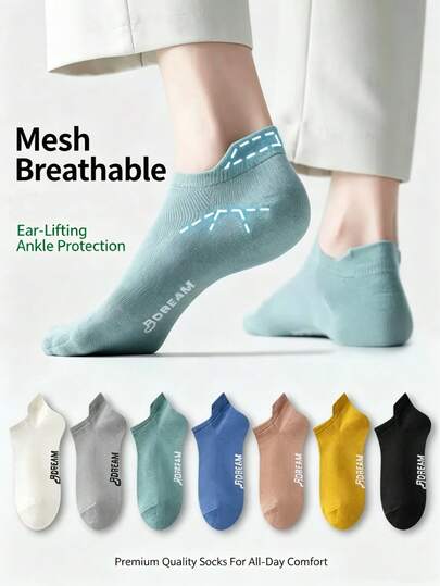 1/3/5 Pairs Men's Macaron Solid Color Mesh Breathable Tab Boat Socks, Summer Ultra-Thin Cool-Touch High Elastic Anti-Slip Heel Protection Invisible Short Socks, Moisture-Wicking Sweat-Absorbing Non-Stuffy Soft Skin-Friendly INS Minimalist Fresh Style, Daily Commute Jogging Fitness Campus Versatile Multi-Color Low-Cut Casual Socks