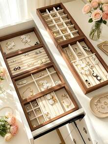1pc Wooden Velvet Jewelry Tray, Jewelry Storage & Display Tray, Drawer-Style Earring Storage Box, Stackable Jewelry Storage Tray - Multicolor - View 9