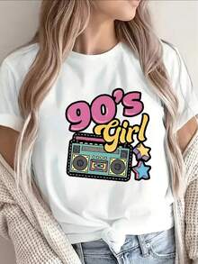 1 Women's Short Sleeve T-Shirt With A Retro 90s Mini Speaker Print, Made Of Lightweight Black Fabric, Perfect For Casual Outings At Home, Cafes Or Parties, Showing - 白色 - 查看 1