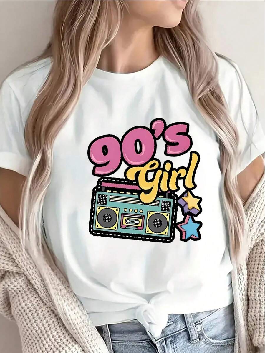 1 Women's Short Sleeve T-Shirt With A Retro 90s Mini Speaker Print, Made Of Lightweight Black Fabric, Perfect For Casual Outings At Home, Cafes Or Parties, Showing - 白色 - 查看 1