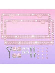 1pc/2pcs Pearlescent Plastic License Plate Frame, Black & Pink, Christmas Gift For Cute Girls - A - View 7