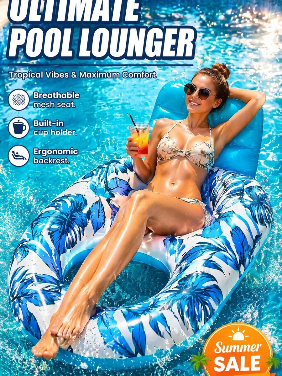 Inflatable Pool Floats Lounger Adult For Swimming Pool, Pool Float Lounge Raft Floaties Water Floating Recliner Chair With Cup Holders Foot Rest Swimming Floaty Hammock For Beach Swim Party (Random Color/Style) - Multicolor - View 1