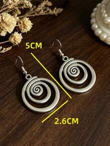1 Pair Bohemian Style Spiral Vortex Round Hoop Earrings, Distressed Alloy - Antique Silver - View 2