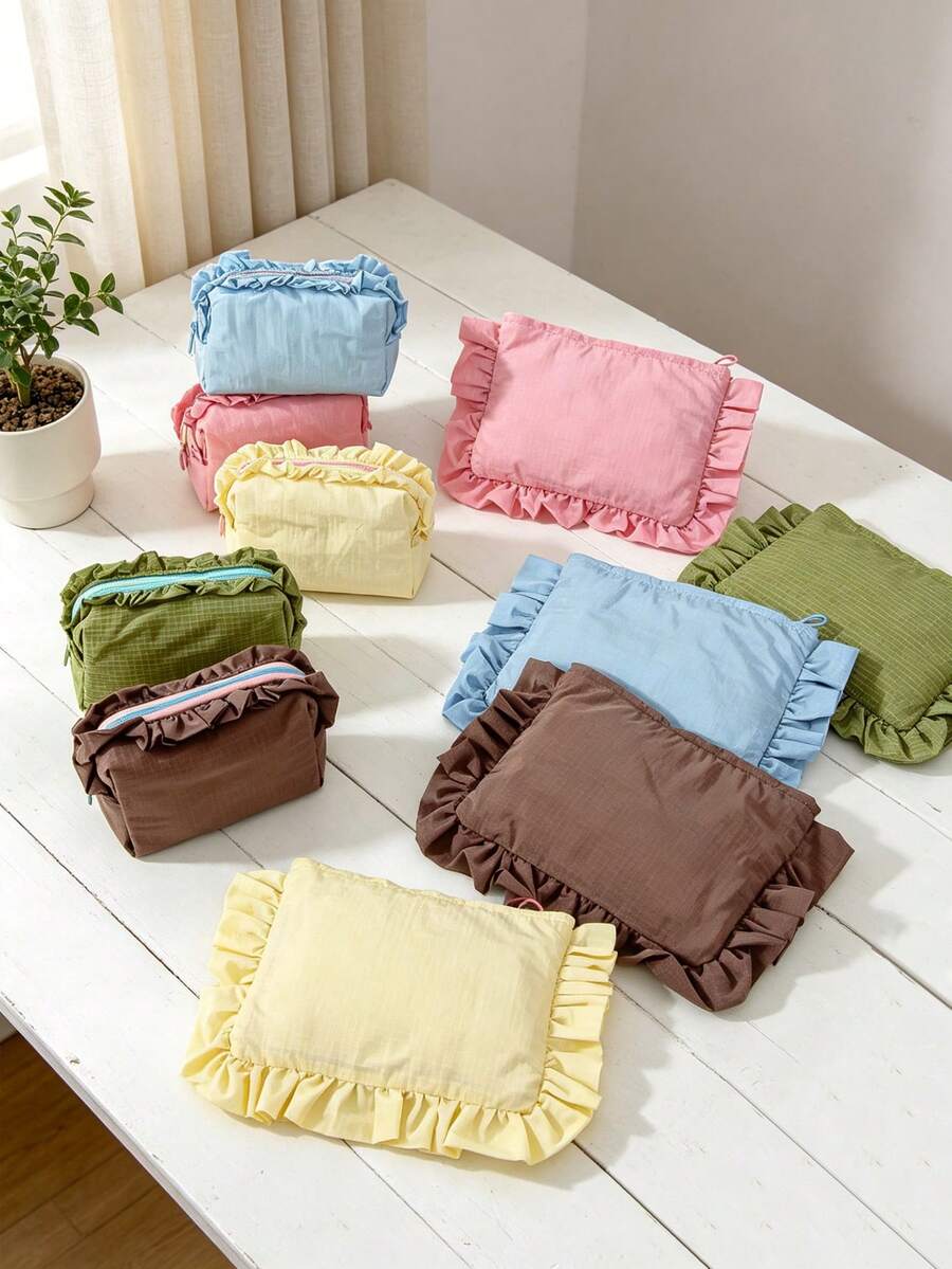 Cute Ruffle Trim Cosmetic Bag Plain Makeup Bag Portable Toiletry Bag Travel Makeup Clutch Pouch Grid Pattern Make Up Bag Zipper Handbag Brushes Holder - Multicolor - View 1